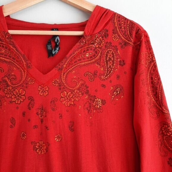 SEVEN7 Boho Paisley Floral Light V-Neck Hoodie Red Sz XL - Picture 8 of 13